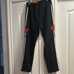 Le 31 By Simons Black Joggers with Red Rose Side Embroidery
